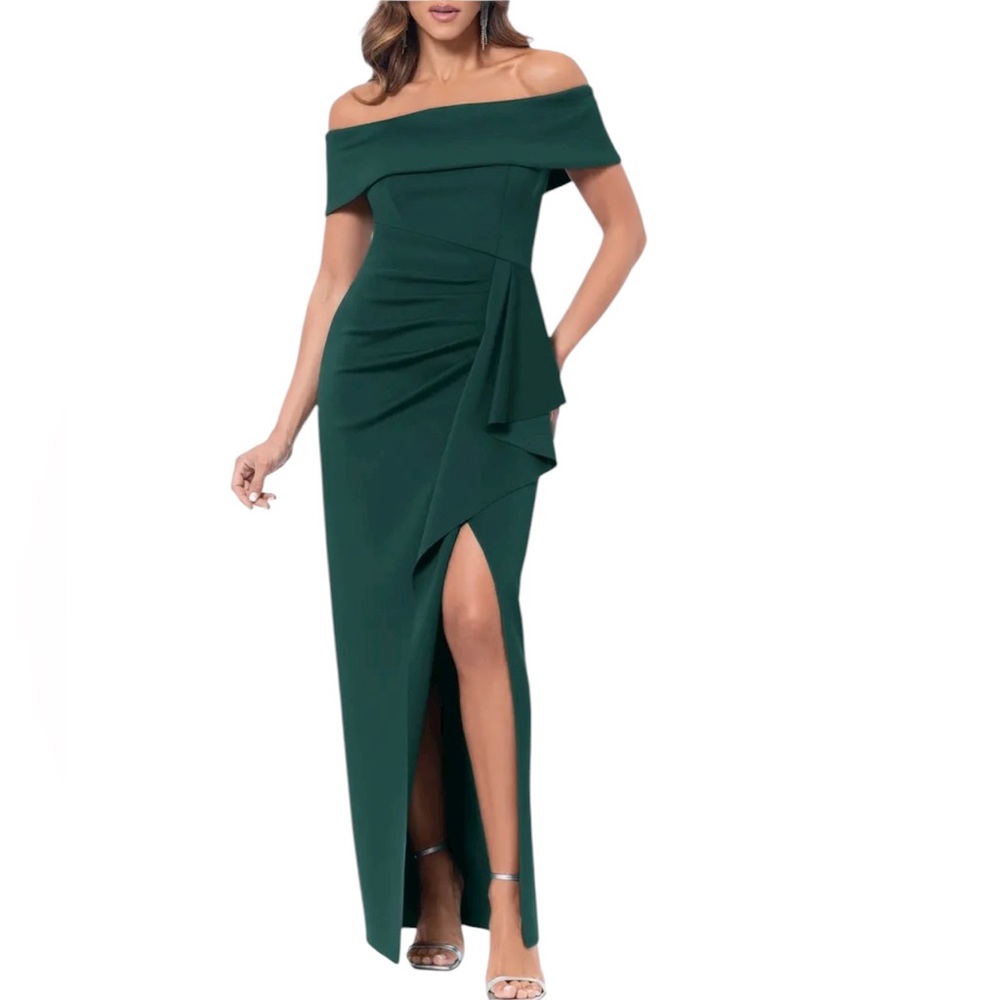 NEW XSCAPE Side Ruffle Off the Shoulder Gown in Hunter Green Size 16‎
